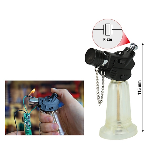 Gasbrenner mit Flamme. Zeichnung eines Piezo-Elements. Rechts: Maßangabe 115 mm. Links: Anwendung am Löten einer Platine.